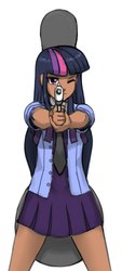 Size: 490x1080 | Tagged: safe, artist:anitony, artist:johnjoseco, edit, twilight sparkle, human, g4, cello case, clothes, dark skin, equestria girls outfit, female, gun, humanized, moderate dark skin, one eye closed, skirt, solo, this will end in death, weapon