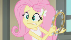Size: 1920x1080 | Tagged: safe, screencap, fluttershy, equestria girls, g4, my little pony equestria girls: rainbow rocks, clothes, female, hairclip, musical instrument, nervous, solo, tambourine, tank top