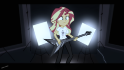 Size: 2560x1440 | Tagged: safe, artist:ngrycritic, sunset shimmer, equestria girls, g4, clothes, electric guitar, female, guitar, heavy metal, musical instrument, pants, rock (music), rocker, shirt, solo, sunset shredder
