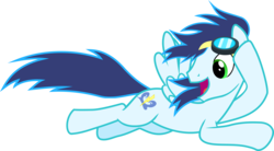 Size: 7742x4261 | Tagged: safe, artist:frownfactory, soarin', pony, g4, rainbow falls, .svg available, absurd resolution, blue hair, blue mane, blue tail, distracted, flying, goggles, green eyes, male, simple background, solo, stallion, svg, transparent background, vector, wings, wonderbolts