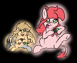 Size: 2577x2121 | Tagged: safe, artist:euspuche, oc, oc only, oc:aguacate, oc:banana heartbeat, donkey, earth pony, pegasus, pony, black background, console, family, female, filly, high res, mare, mother and daughter, nintendo, nintendo switch, one eye closed, raba-pony, simple background, smiling