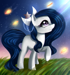 Size: 600x638 | Tagged: safe, artist:konnyart, oc, oc only, oc:mystical beauty, pony, commission, female, grass, looking up, mare, outdoors, raised hoof, smiling, solo, stars