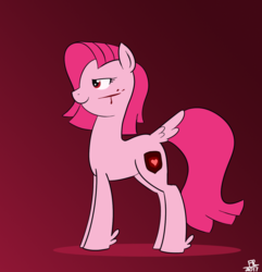 Size: 1224x1268 | Tagged: safe, artist:feralroku, derpibooru exclusive, oc, oc only, oc:hacky, earth pony, pony, blood, cut, feather, gradient background, irc, pinkie clone, smiling, solo, tail feathers