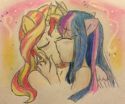 Size: 800x663 | Tagged: safe, artist:fallenangel5414, sunset shimmer, twilight sparkle, human, anthro, equestria girls, g4, blushing, eyes closed, female, horn, horned humanization, human coloration, humanized, kissing, lesbian, nudity, ponied up, ship:sunsetsparkle, shipping, traditional art, twilight sparkle (alicorn)