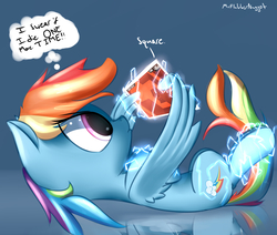 Size: 2600x2200 | Tagged: safe, artist:a8f12, rainbow dash, pegasus, pony, g4, backwards cutie mark, electricity, female, gaming, high res, impatient, magic, mare, solo, super hexagon, tablet, wing hands, wings