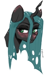 Size: 742x1150 | Tagged: safe, artist:sugardoll666, queen chrysalis, changeling, changeling queen, g4, blushing, bust, ear blush, fangs, female, simple background, smiling, solo, white background