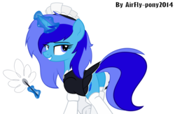 Size: 3539x2305 | Tagged: safe, artist:airfly-pony, oc, oc only, oc:spacelight, pony, unicorn, rcf community, background removed, clothes, female, glowing horn, high res, horn, looking back, magic, maid, mare, simple background, solo, telekinesis, transparent background