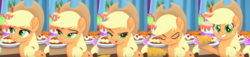 Size: 1274x290 | Tagged: safe, edit, edited screencap, screencap, applejack, big macintosh, earth pony, pony, g4, my little pony: the movie, cake, collage, cropped, female, food, mare, scrunchy face, solo