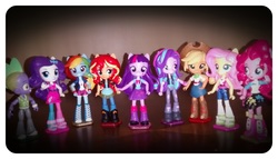 Size: 2540x1454 | Tagged: safe, artist:artking3000, applejack, fluttershy, pinkie pie, rainbow dash, rarity, spike, starlight glimmer, sunset shimmer, twilight sparkle, human, equestria girls, g4, boots, customized toy, doll, equestria girls minis, hat, humane five, humane seven, humane six, irl, legs, merchandise, photo, ponied up, shoes, sleeveless, toy