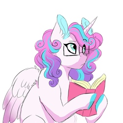 Size: 2000x2000 | Tagged: safe, artist:scarletskitty12, princess flurry heart, alicorn, pony, g4, book, colored wings, female, glasses, high res, mare, multicolored wings, nerd, nerdy heart, older, older flurry heart, simple background, solo, thinking, white background