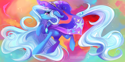 Size: 3464x1732 | Tagged: safe, artist:wilvarin-liadon, trixie, pony, unicorn, g4, cape, clothes, color porn, female, floppy ears, hat, impossibly long hair, impossibly long tail, long mane, long tail, looking at you, mare, raised hoof, smiling, solo, trixie's cape, trixie's hat