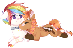 Size: 3395x2213 | Tagged: safe, artist:shiromidorii, oc, oc only, oc:death's head, oc:hoopoe, dracony, hybrid, pegasus, pony, collar, colored wings, female, high res, interspecies, lesbian, mare, multicolored wings, oc x oc, shipping