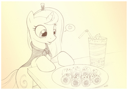 Size: 1073x759 | Tagged: safe, artist:sherwoodwhisper, oc, oc only, oc:eri, mouse, pony, clothes, drink, food, monochrome, sushi