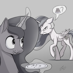 Size: 3000x3000 | Tagged: safe, artist:deltauraart, princess celestia, princess luna, alicorn, pony, g4, angry, cake, female, food, high res, mare, monochrome, pictogram, plate, royal sisters, simple background, suspicious