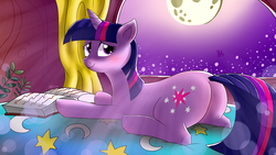 Size: 3840x2160 | Tagged: safe, artist:j24262756, derpy hooves, twilight sparkle, pegasus, pony, unicorn, g4, bed, blushing, book, butt, crepuscular rays, cute, female, high res, looking back, mare, moon, night, plot, prone, solo focus, twiabetes, twibutt
