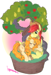 Size: 1079x1573 | Tagged: safe, artist:kogarasumaru24, bright mac, pear butter, earth pony, pony, g4, the perfect pear, apple, apple tree, cuddling, dirt cube, female, food, intertwined trees, male, pear, pear tree, ship:brightbutter, shipping, straight, tree