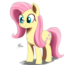Size: 2500x2209 | Tagged: safe, artist:j24262756, fluttershy, butterfly, earth pony, pony, g4, butterfly on nose, cross-eyed, cute, earth pony fluttershy, female, high res, insect on nose, looking at something, mare, race swap, shyabetes, simple background, smiling, solo, standing, white background, wingless