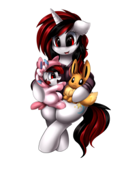 Size: 2186x3009 | Tagged: safe, artist:pridark, oc, oc only, eevee, pony, sylveon, unicorn, baby, baby pony, clothes, female, high res, mare, mother and daughter, pajamas, pokémon, simple background, smiling, transparent background