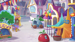 Size: 1920x1080 | Tagged: safe, screencap, g4, my little pony: the movie, apple, background, balloon, blue ribbon, canterlot, food, giant apple, no pony, oven, scenery, stone, stone oven, street, tent