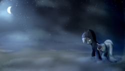 Size: 3840x2160 | Tagged: safe, alternate version, artist:darkflame75, lyra heartstrings, pony, unicorn, fanfic:background pony, g4, clothes, dig the swell hoodie, female, fog, high res, hoodie, lyre, moon, musical instrument, night, ponies wearing black, sad, solo, wallpaper