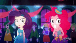 Size: 512x289 | Tagged: safe, screencap, captain planet, cloudy kicks, indigo wreath, pinkie pie, rarity, sandalwood, sweet leaf, tennis match, equestria girls, g4, my little pony equestria girls: summertime shorts, raise this roof, animated, background human, dancing, fall formal outfits, gif, happy, party, saloon, smiling, varying degrees of want