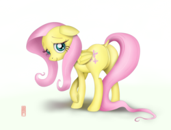 Size: 4632x3508 | Tagged: safe, alternate version, artist:celsian, fluttershy, pegasus, pony, g4, absurd resolution, butt, cute, dock, female, floppy ears, flutterbutt, looking at you, mare, plot, shyabetes, simple background, solo, standing, underhoof