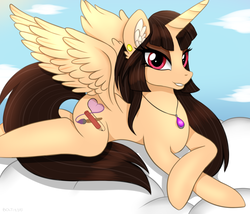 Size: 1175x1008 | Tagged: safe, artist:chippiepuff, oc, oc only, oc:spring beauty, alicorn, pony, alicorn oc, jewelry, pendant, spread wings, wings