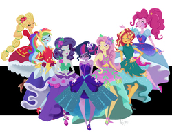 Size: 3000x2400 | Tagged: safe, artist:sketchysketchiness, applejack, fluttershy, pinkie pie, rainbow dash, rarity, sci-twi, sunset shimmer, twilight sparkle, equestria girls, g4, my little pony equestria girls: legend of everfree, bare shoulders, beautiful, clothes, crystal gala, crystal gala dress, dress, eyes closed, friends, gala dress, group, high res, humane five, humane seven, humane six, pretty, simple background, sleeveless, smiling, strapless