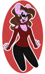 Size: 1028x1687 | Tagged: safe, artist:dativyrose, oc, oc only, oc:ivy rose, anthro, alternate hairstyle, bare shoulders, breasts, cleavage, clothes, female, glasses, happy, keyhole turtleneck, smiling, solo, sweater, turtleneck