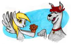 Size: 1000x622 | Tagged: safe, artist:touhatsu, derpy hooves, pony, g4, crossover, food, muffin, scooby dum, scooby-doo!, traditional art