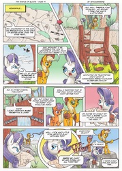 Size: 3495x4885 | Tagged: safe, artist:xeviousgreenii, applejack, rarity, scootaloo, pony, comic:the temple of bloom, g4, absurd resolution, comic, map, rope, saddle bag, traditional art, waterfall