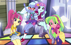 Size: 1346x854 | Tagged: safe, artist:charliexe, lemon zest, sour sweet, sugarcoat, sunny flare, equestria girls, equestria girls specials, g4, my little pony equestria girls: dance magic, clothes, commission, converse, dance floor, ear piercing, earring, female, freckles, glasses, headphones, jewelry, leggings, open mouth, piercing, shoes, skirt, sneakers