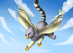 Size: 3509x2550 | Tagged: safe, artist:pridark, oc, oc only, griffon, cloud, commission, flying, griffon oc, high res, sky, smiling, solo
