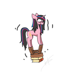 Size: 2000x2000 | Tagged: safe, artist:hotkoin, oc, oc only, oc:aria bliss, pony, balancing, book, high res, shaking, simple background, solo, stool, white background