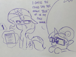 Size: 1643x1231 | Tagged: safe, artist:tjpones, sci-twi, sunset shimmer, twilight sparkle, pony, unicorn, series:sciset diary, equestria girls, g4, bad pun, blueberry, chest fluff, equestria girls ponified, female, floppy ears, food, frown, glasses, lesbian, lineart, magic, monochrome, ponified, pun, sciset's blueberry divorce, ship:sci-twishimmer, ship:sunsetsparkle, shipping, sunset shimmer is not amused, telekinesis, this will end in divorce, traditional art, unamused, unicorn sci-twi