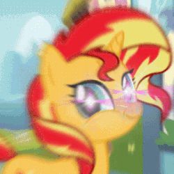 Size: 250x250 | Tagged: safe, edit, edited screencap, screencap, sunset shimmer, pony, unicorn, g4, animated, catasterism, faic, female, gif, glowing eyes, glowing eyes meme, lens flare, looking at you, mare, meme, pure unfiltered evil, smirk, solo, sunshine shimmer, twiface, vibrating, wrong neighborhood, x intensifies