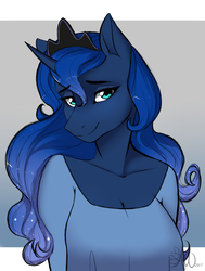 Size: 2429x3217 | Tagged: safe, artist:fairdahlia, princess luna, alicorn, anthro, g4, beautiful, clothes, crown, female, high res, jewelry, looking at you, mare, regalia, shirt, simple background, solo