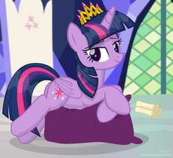 Size: 3396x3092 | Tagged: safe, artist:shutterflyeqd, twilight sparkle, alicorn, pony, butt, crossed hooves, crown, female, jewelry, mare, new crown, pillow, plot, prone, regalia, scroll, solo, twilight sparkle (alicorn), twilight's castle, updated