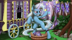 Size: 3840x2160 | Tagged: safe, artist:ohemo, trixie, pony, unicorn, 4k, cape, clothes, female, glowing horn, hat, laundry, magic, mare, smiling, solo, trixie's cape, trixie's hat, trixie's wagon