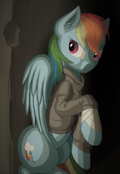 Size: 1366x1974 | Tagged: safe, artist:cluvry, rainbow dash, pegasus, pony, g4, backwards cutie mark, bandage, clothes, female, mare, solo