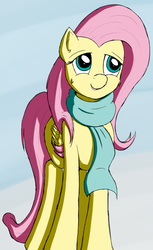 Size: 698x1137 | Tagged: safe, artist:cluvry, fluttershy, pegasus, pony, g4, atg 2017, clothes, female, folded wings, looking away, looking up, mare, newbie artist training grounds, scarf, simple background, smiling, solo