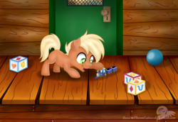 Size: 6337x4364 | Tagged: safe, artist:raspberrystudios, oc, oc only, oc:hayseed, earth pony, pony, absurd resolution, colt, foal, happy, male, playing, smiling, solo, toy, train, wide eyes