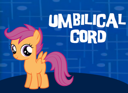 Size: 1020x744 | Tagged: safe, artist:ianpony98, edit, scootaloo, pegasus, pony, g4, context is for the weak, family fun activity, female, filly, game, looking at you, solo, title card, umbilical cord, veggietales, wat