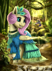Size: 1400x1900 | Tagged: dead source, safe, artist:makkah, fluttershy, hummingbird, pegasus, pony, g4, clothes, cute, dress, female, folded wings, forest, gala dress, looking at something, mare, raised hoof, shyabetes, smiling, solo, tree, turned head