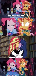 Size: 847x1768 | Tagged: safe, artist:angeltorchic, edit, edited screencap, screencap, captain planet, derpy hooves, flash sentry, lyra heartstrings, paisley, pinkie pie, sunset shimmer, twilight sparkle, equestria girls, g4, legend of everfree - bloopers, my little pony equestria girls: summertime shorts, caption, female, image macro, kissing, lesbian, meme, pinkie's mindspace, ship:sunsetsparkle, shipper on deck, shipping, text
