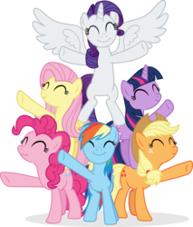 Size: 4182x4918 | Tagged: safe, artist:punzil504, applejack, fluttershy, pinkie pie, rainbow dash, rarity, twilight sparkle, alicorn, earth pony, pegasus, pony, unicorn, g4, ^^, absurd resolution, alicornified, best friends until the end of time, bipedal, eyes closed, female, freckles, mane six, mare, race swap, raricorn, simple background, smiling, transparent background, unicorn twilight, vector