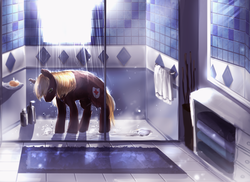 Size: 3000x2180 | Tagged: safe, artist:aquagalaxy, oc, oc only, oc:rescue sunstreak, pony, bathroom, commission, firefighter, high res, shower, solo