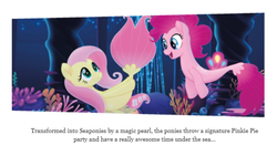 Size: 1136x640 | Tagged: safe, screencap, fluttershy, pinkie pie, earth pony, pegasus, seapony (g4), beyond equestria, g4, my little pony: the movie, my little pony: the movie: the junior novel, animated, bubble, clothes, coral, cropped, cute, dorsal fin, eyelashes, female, fin, fin wings, fins, fish tail, floating, flowing mane, flowing tail, green eyes, lidded eyes, looking at each other, looking at someone, mare, ocean, open mouth, open smile, pink mane, pink tail, scales, seaponified, seapony fluttershy, seapony pinkie pie, seaquestria, seaweed, see-through, smiling, species swap, swimming, tail, text, underwater, water, wings