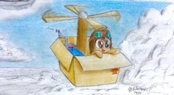 Size: 4032x2202 | Tagged: safe, artist:professionalpuppy, oc, oc only, oc:cocoa mocha, pony, aviator goggles, aviator hat, cardboard box, hat, helicopter, sky, solo, traditional art