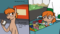 Size: 1600x900 | Tagged: safe, artist:pony quarantine, oc, oc only, oc:amber rose (thingpone), oc:anon, oc:thingpone, human, angry, body horror, clothes, comic, counter, eating, eldritch abomination, food, groceries, grocery store, hand, irritated, joke, microwave, offscreen character, poptart, sandwich, shirt, shopping, shopping cart, text, unamused, vegetables